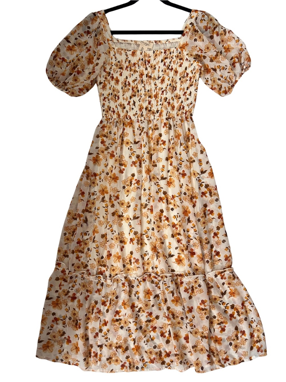 Cream Floral Smocked Midi Dress